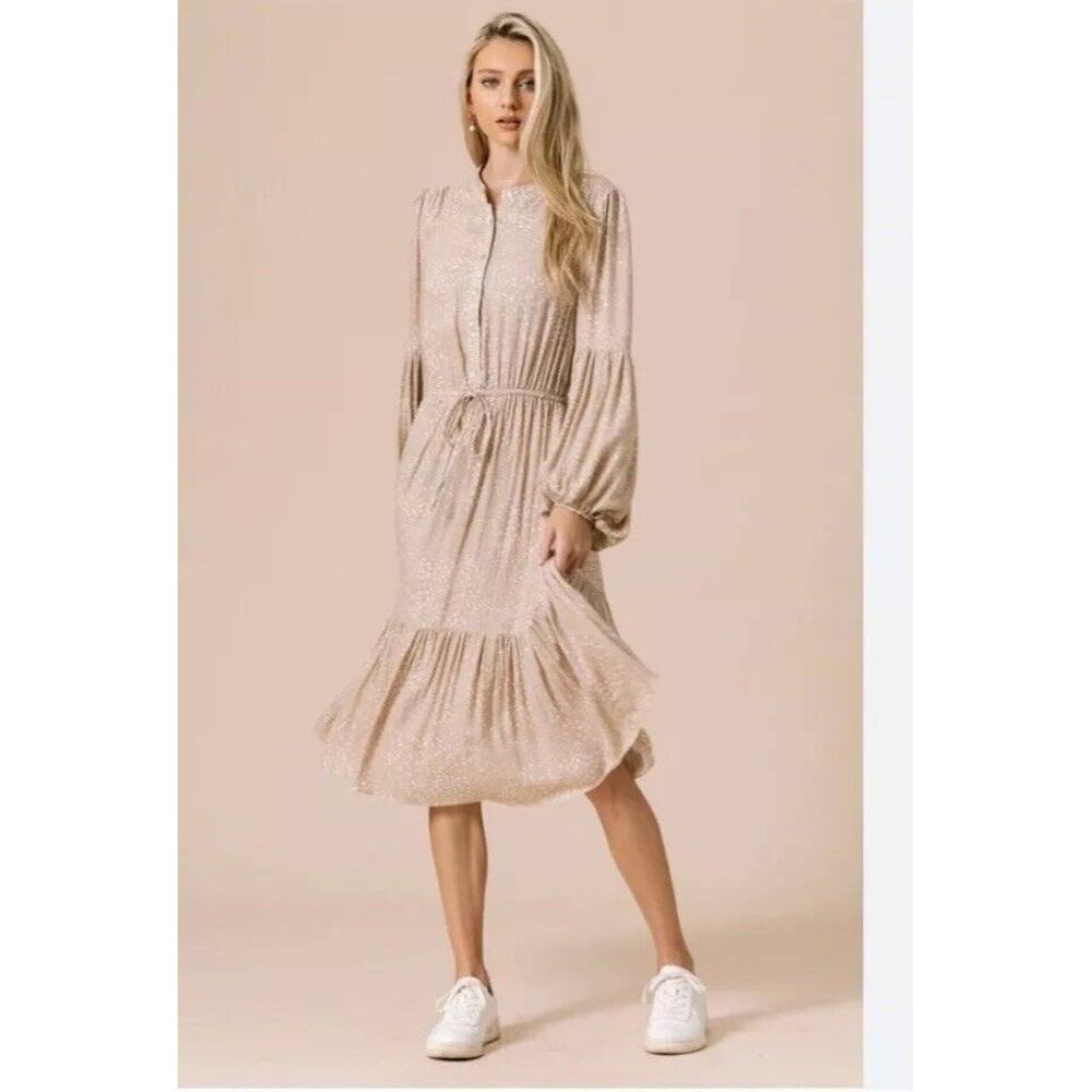 Bohme Smocked/tiered Long Puff Sleeve Button Tie Dress Size Small Tan White